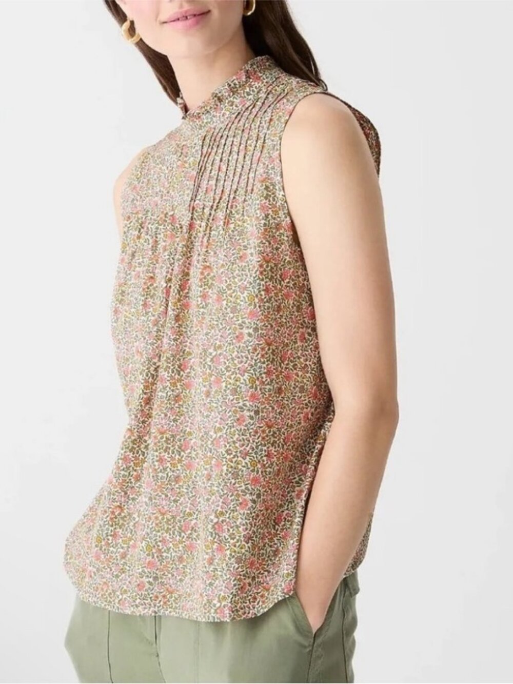 J Crew | Pintuck Cotton Poplin Top | Scattered Blooms (Pink & Green Floral) | XS